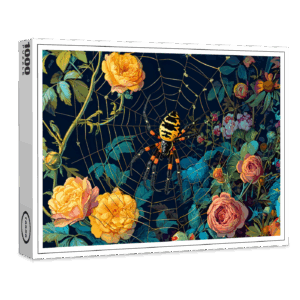 raxxa Premium-Puzzle: Wasp Spider in a Web Between Rose Hedge Illustration