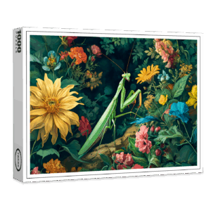 raxxa Premium-Puzzle: Praying Mantis with Dahlias and Other Garden Blooms Illustration