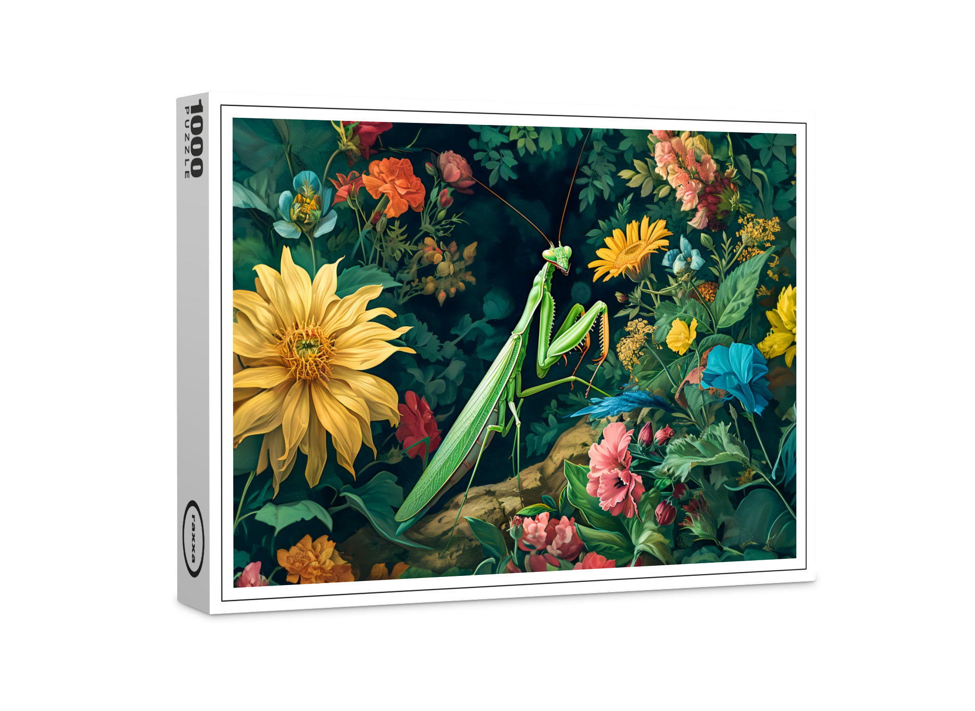 raxxa Premium-Puzzle: Praying Mantis with Dahlias and Other Garden Blooms Illustration
