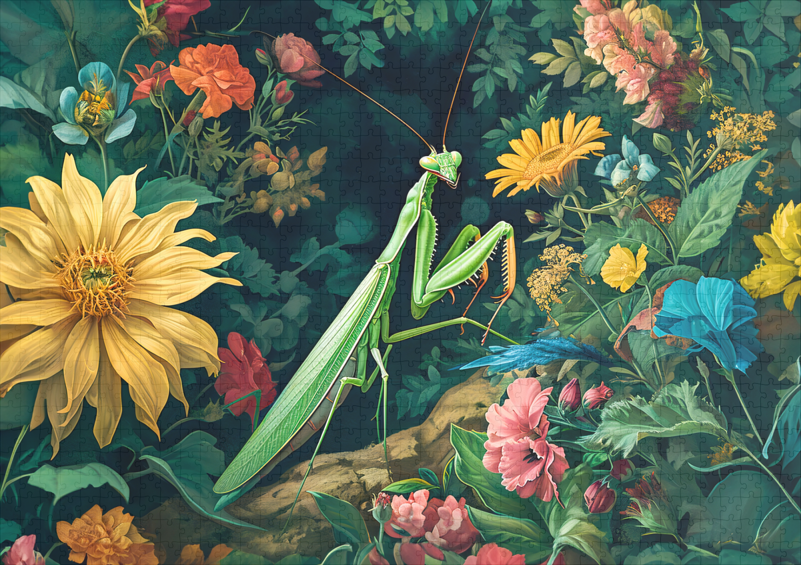 raxxa Premium-Puzzle: Praying Mantis with Dahlias and Other Garden Blooms Illustration - Image 2