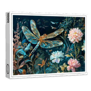 raxxa Premium-Puzzle: Dragonfly at Night in a Garden with Peonies and Grasses Illustration
