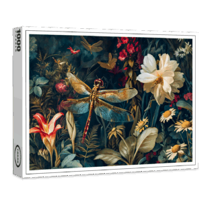 raxxa Premium-Puzzle: Dragonfly in a Garden with Daisies and Lilies Illustration