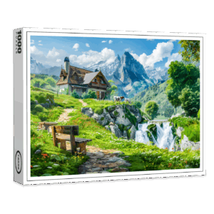 raxxa Premium-Puzzle: Alpine Cottage by Mountain Waterfall