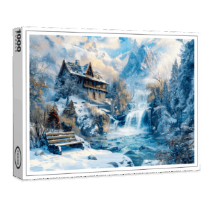 raxxa Premium-Puzzle: Mountain Cottage by Waterfall in Winter Illustration