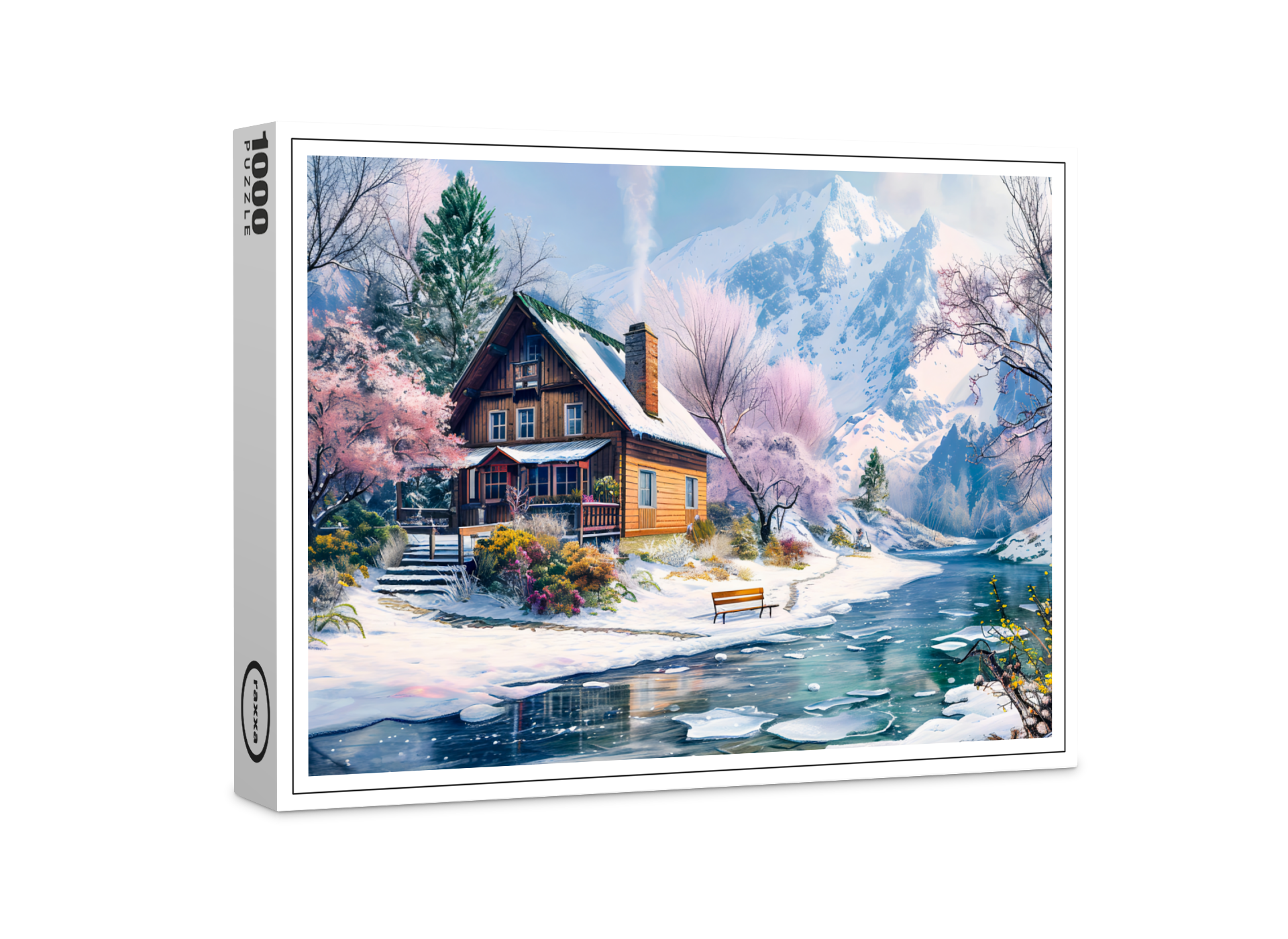 raxxa Premium-Puzzle: Mountain Cottage in Spring with Blossoms