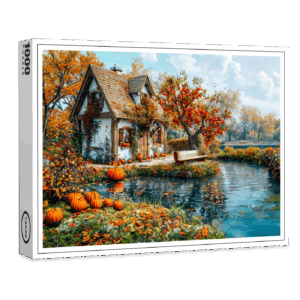 raxxa Premium-Puzzle: Cozy Lakeside Cottage in Autumn Illustration