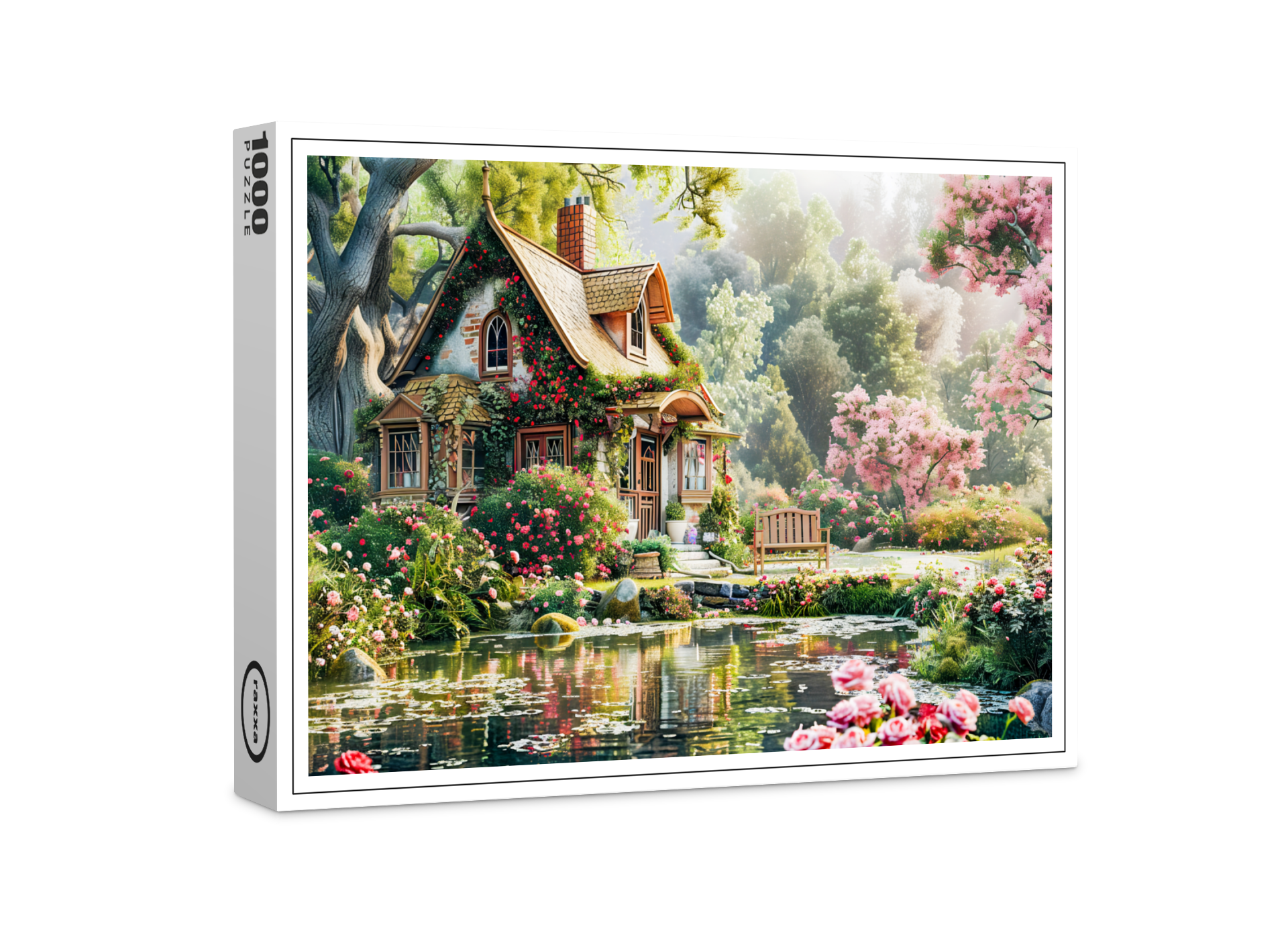 raxxa Premium-Puzzle: Whimsical Cottage with Rhododendrons and Pond
