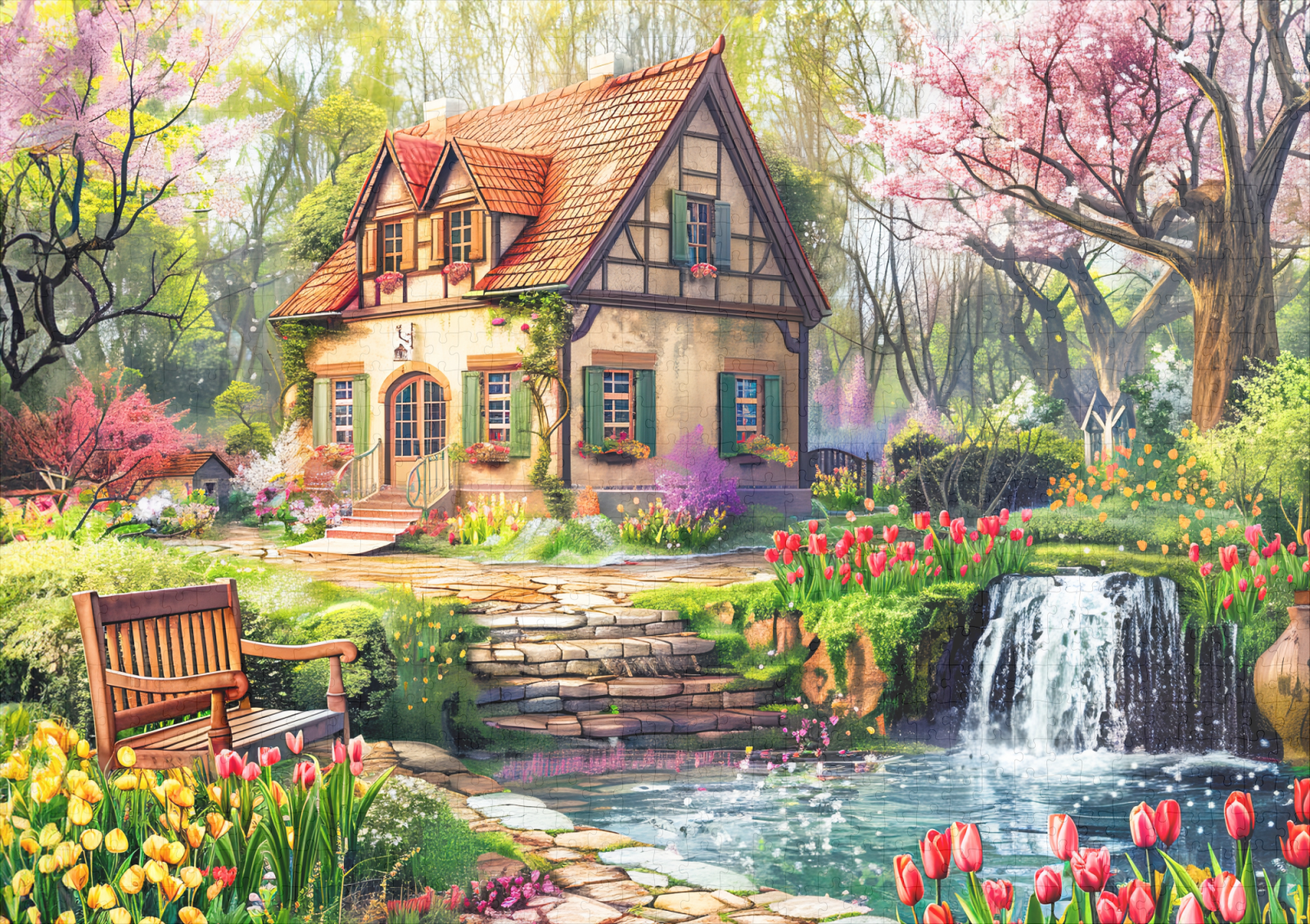 raxxa Premium-Puzzle: Spring Cottage with Blooming Tulips - Image 2
