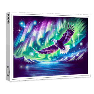 raxxa Premium-Puzzle: Eagle Flying Over Mountain Lake with Northern Lights Pastel Chalk Drawing