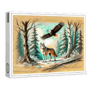 raxxa Premium-Puzzle: Eagle and Wolf in the Forest Pastel Chalk Drawing