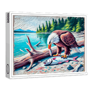 raxxa Premium-Puzzle: Eagle Eating Fish at Riverbank Pastel Chalk Drawing
