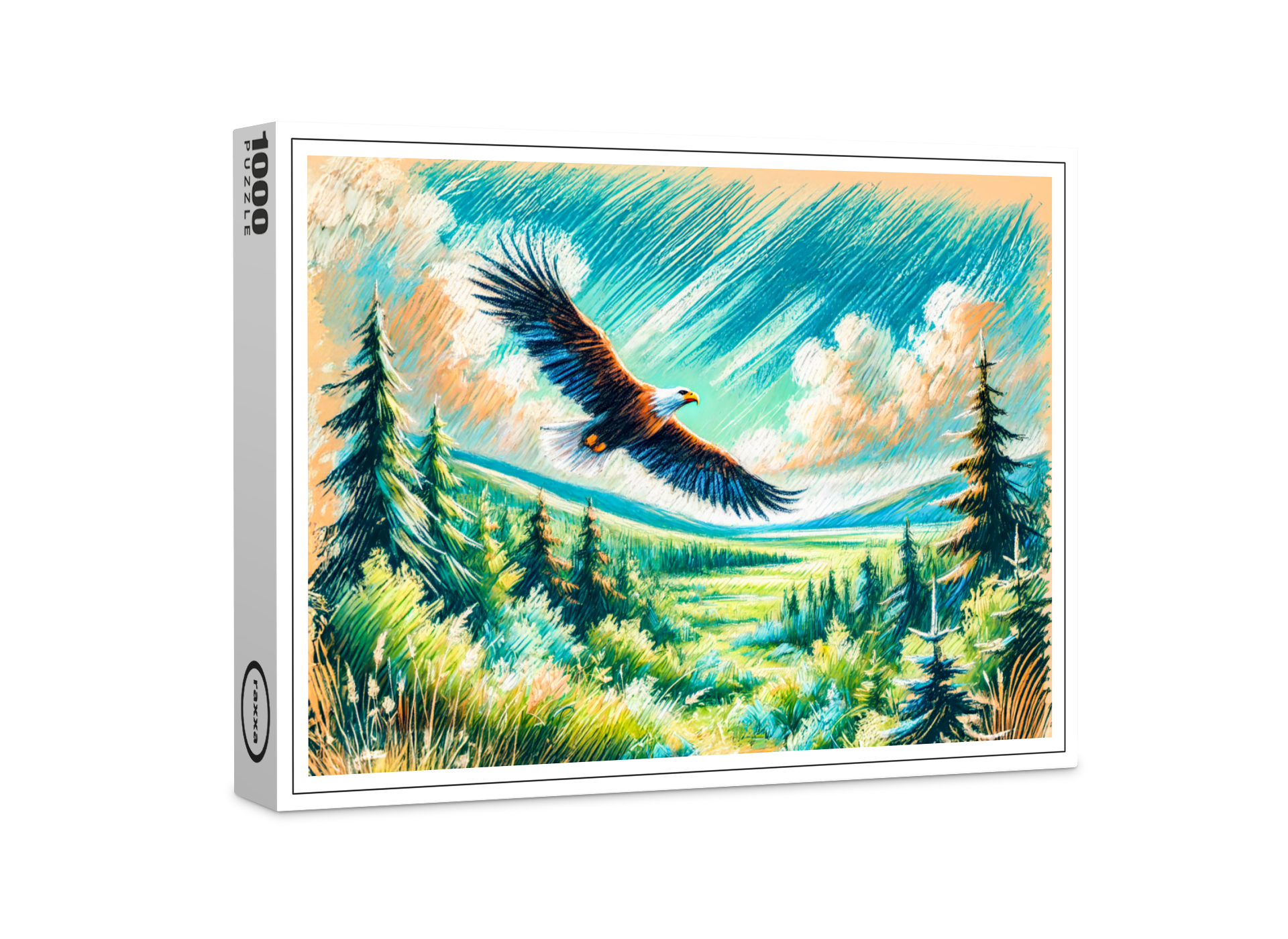 raxxa Premium-Puzzle: Eagle Flying Over Forest Pastel Chalk Drawing