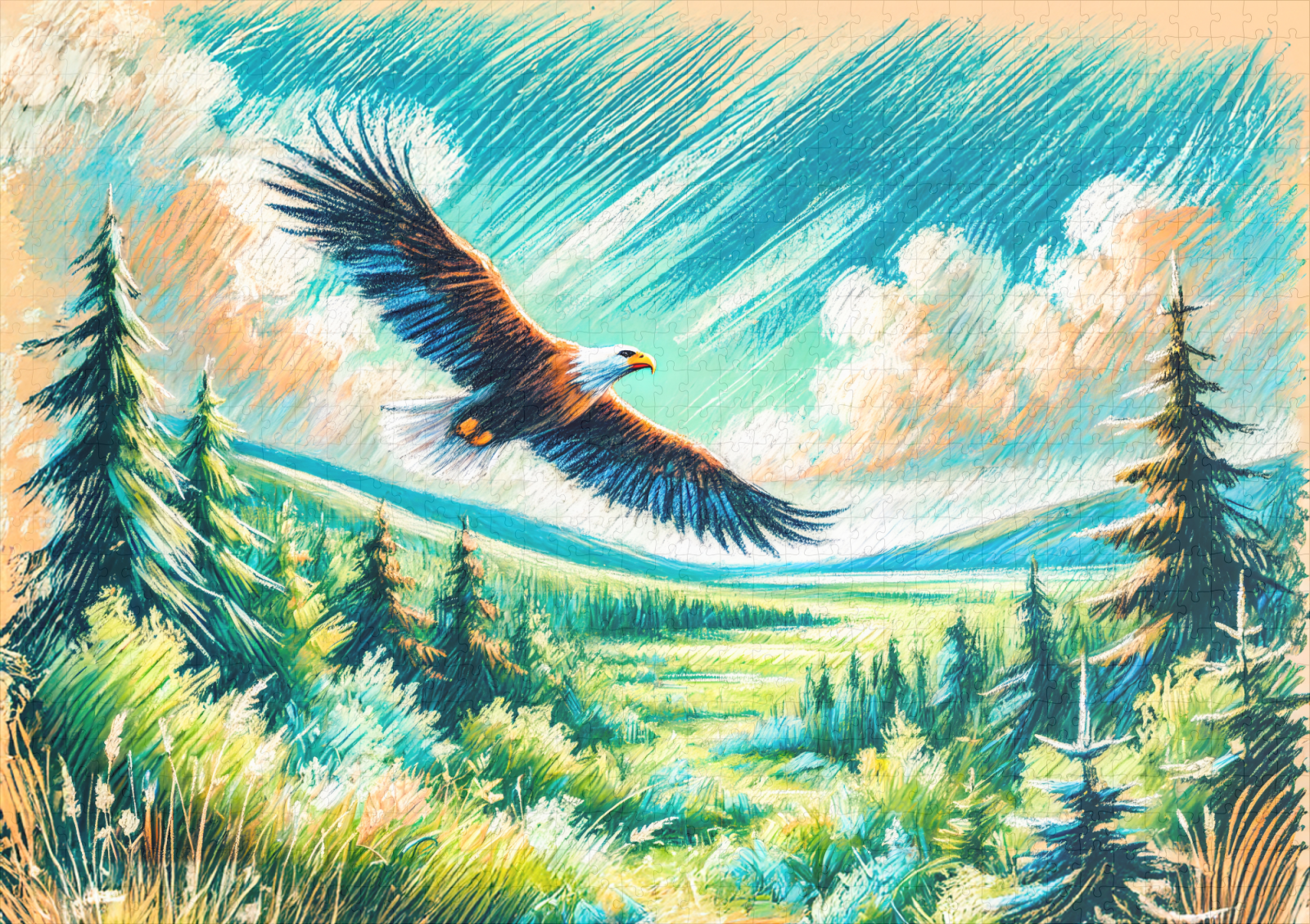 raxxa Premium-Puzzle: Eagle Flying Over Forest Pastel Chalk Drawing - immagine 2