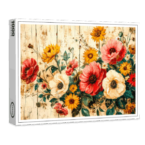 raxxa Premium-Puzzle: Wild Roses and Poppies on Rustic Wood