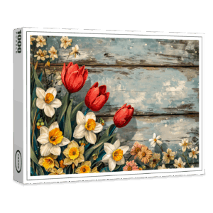 raxxa Premium-Puzzle: Red Tulips and Daffofils on Blue Wood