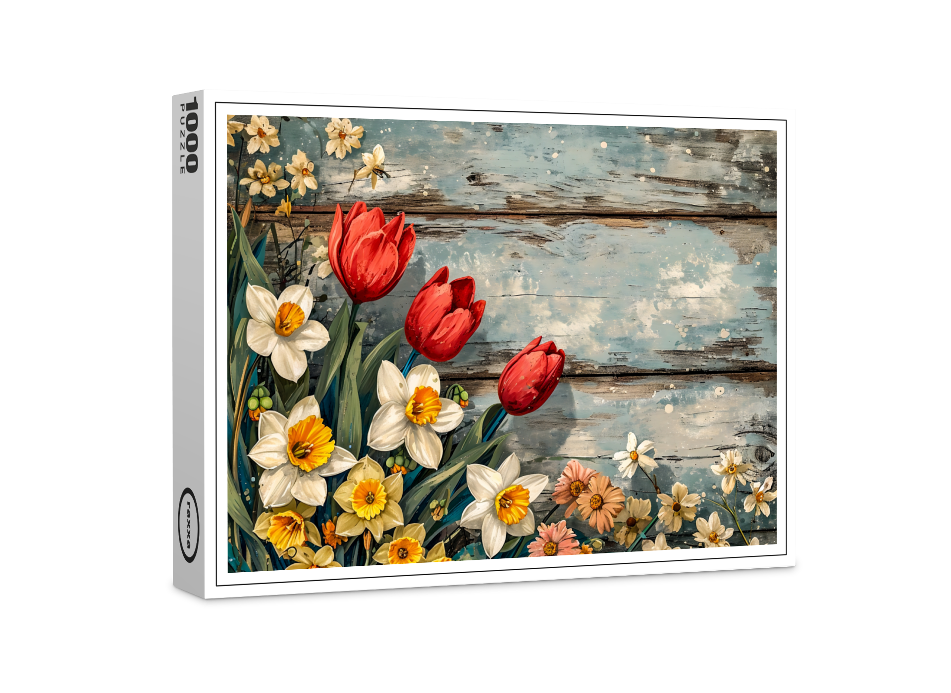 raxxa Premium-Puzzle: Red Tulips and Daffofils on Blue Wood