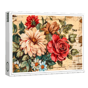 raxxa Premium-Puzzle: Dahlias and Roses on Cracked Wooden Wall