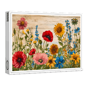 raxxa Premium-Puzzle: Poppies and Wildflowers on Soft Rustic Wood