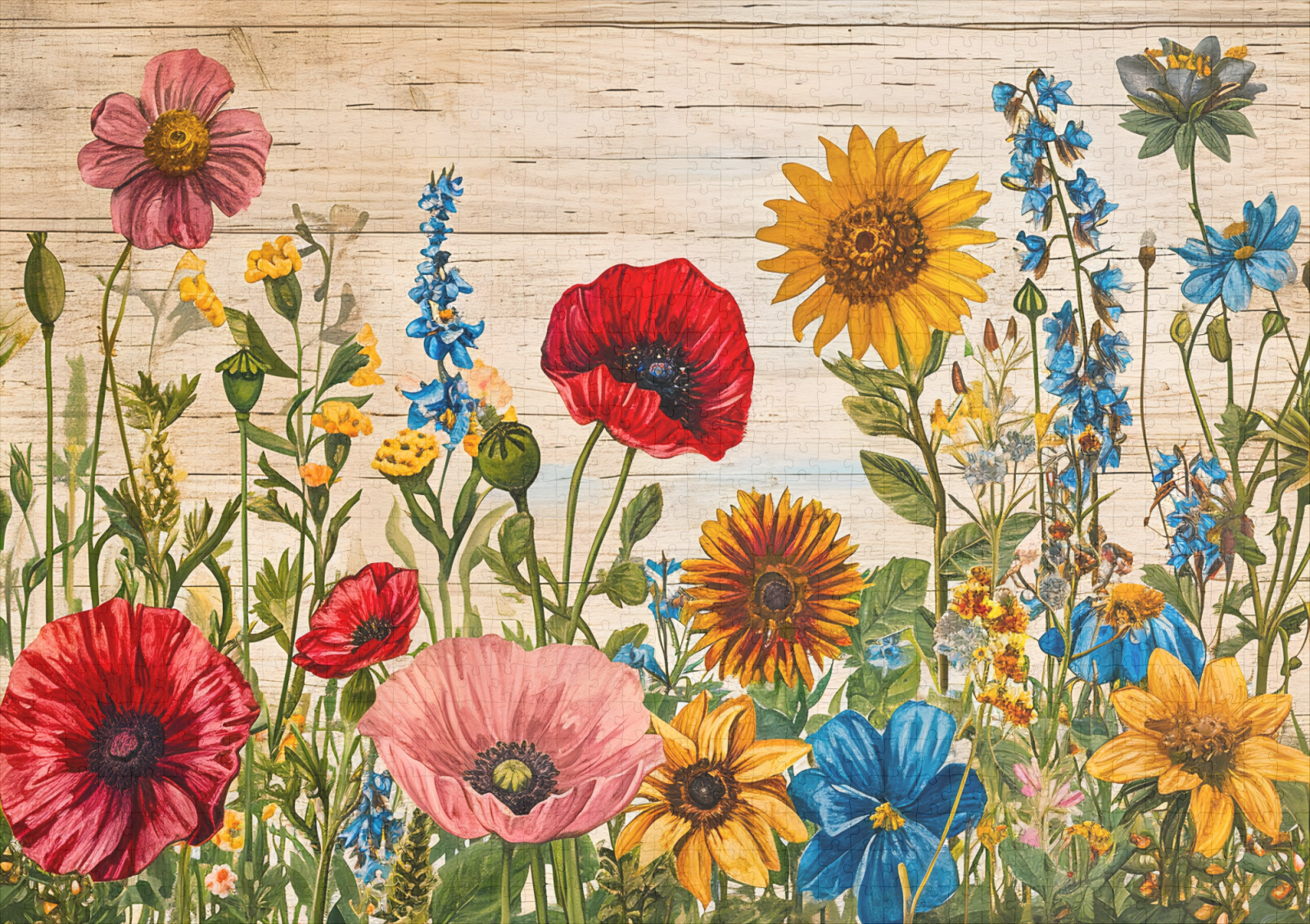 raxxa Premium-Puzzle: Poppies and Wildflowers on Soft Rustic Wood - Imagen 2