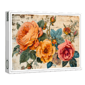 raxxa Premium-Puzzle: Orange and Pink Roses on Rustic Wood