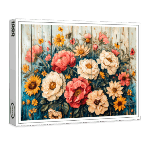 raxxa Premium-Puzzle: Red Roses and Zinnias in Rustic Contrast