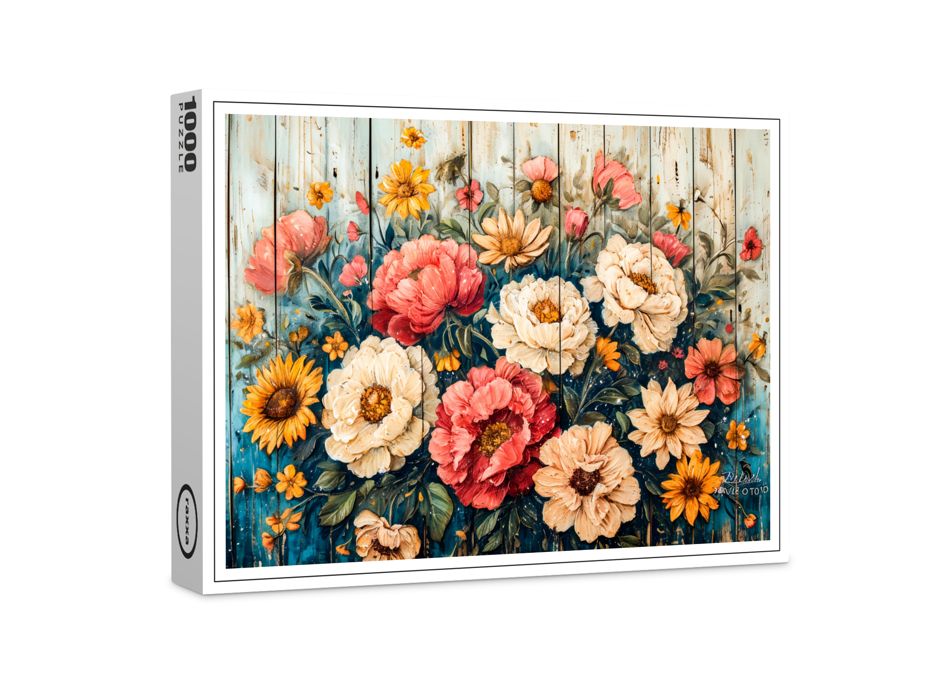 raxxa Premium-Puzzle: Red Roses and Zinnias in Rustic Contrast