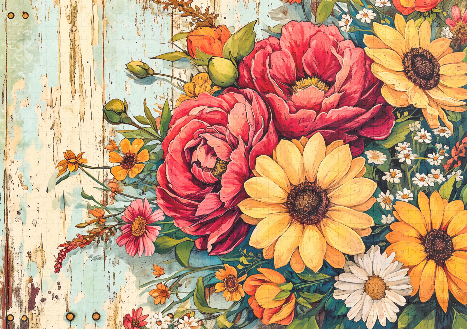 raxxa Premium-Puzzle: Red and Yellow Garden Flowers on Wood - immagine 2