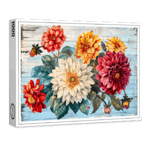 raxxa Premium-Puzzle: Dahlia Garden Mix on Blue Wood