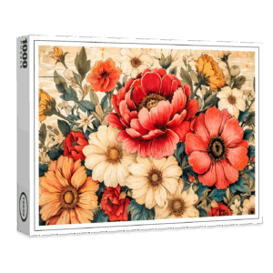 raxxa Premium-Puzzle: Coral Poppies and Zinnias on Rustic Boards
