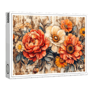 raxxa Premium-Puzzle: Peonies and Marigolds on Dark Rustic Wood