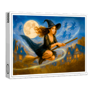raxxa Premium-Puzzle: Flying witch over village rooftops by full moon