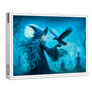 raxxa Premium-Puzzle: Witch with raven in moonlit graveyard