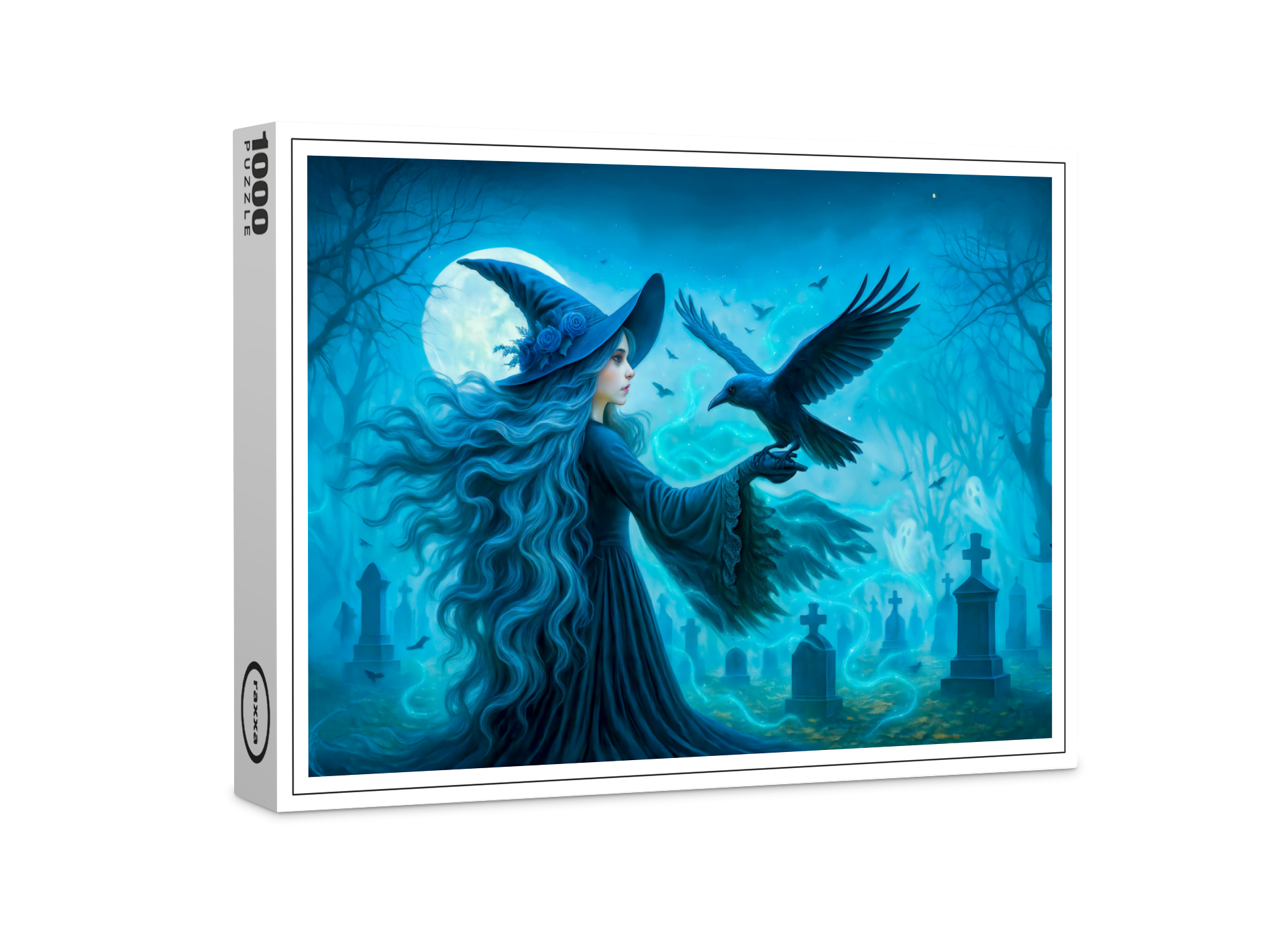 raxxa Premium-Puzzle: Witch with raven in moonlit graveyard