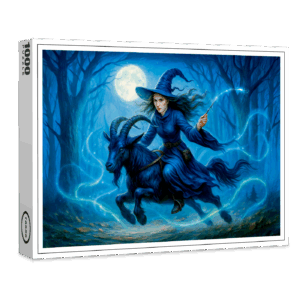 raxxa Premium-Puzzle: Witch riding a goat through moonlit forest
