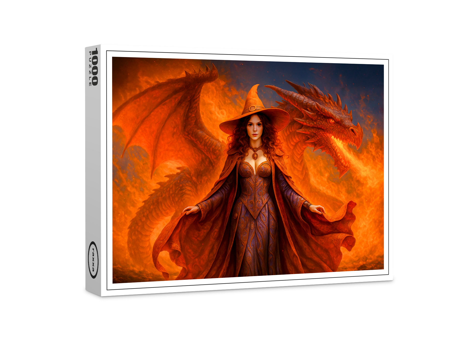 raxxa Premium-Puzzle: Witch with red dragon and blazing fire