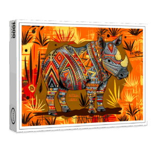 raxxa Premium-Puzzle: A single African rhino with bold tribal patterns, standing in a stylized savanna scene painted in African folk art style