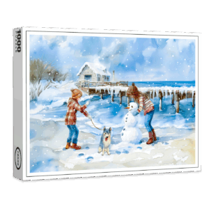 raxxa Premium-Puzzle: Boy girl and dog playing on winter beach watercolor