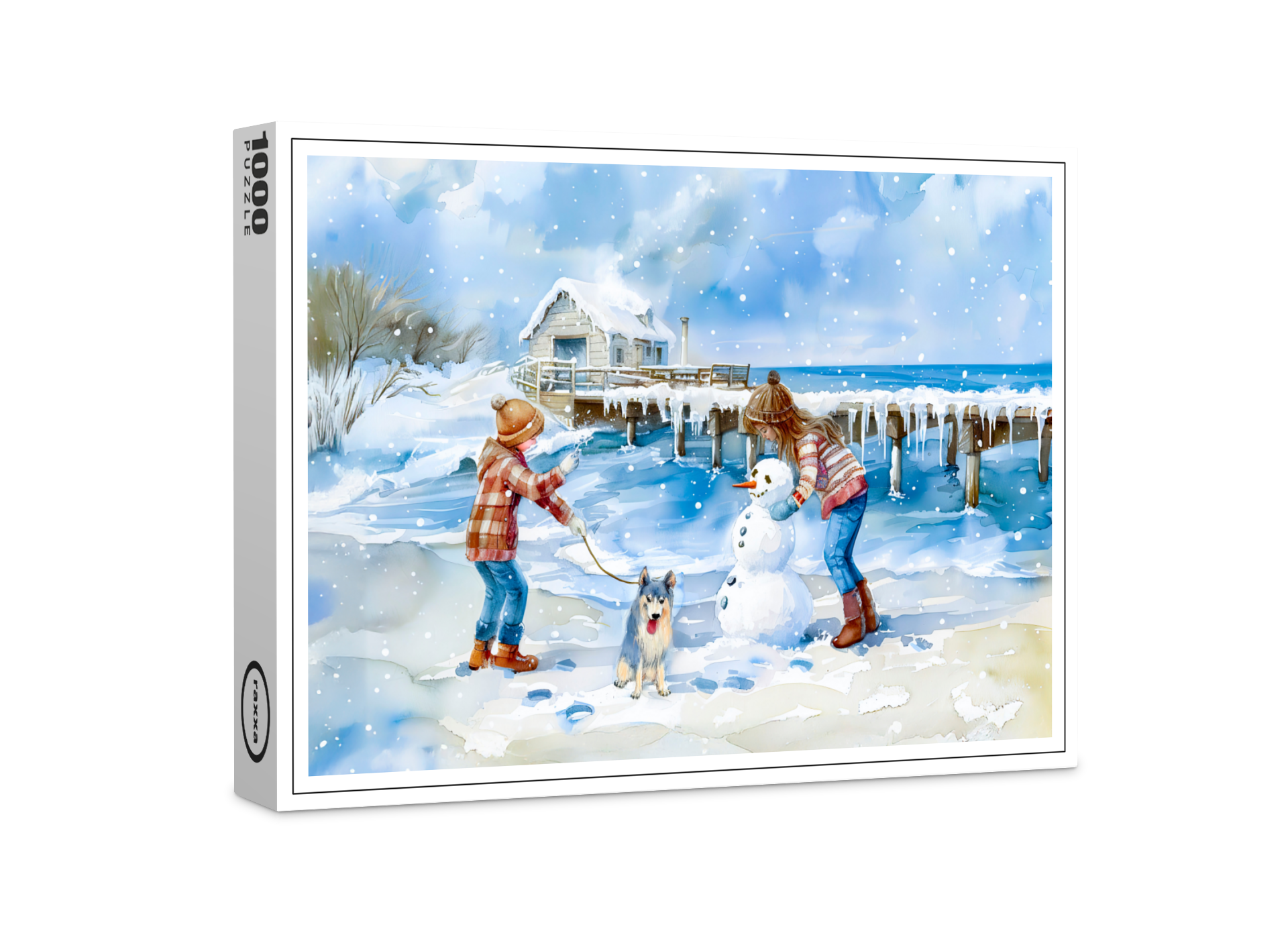 raxxa Premium-Puzzle: Boy girl and dog playing on winter beach watercolor