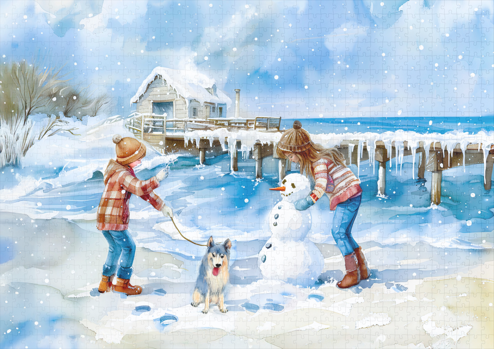 raxxa Premium-Puzzle: Boy girl and dog playing on winter beach watercolor – Image 2