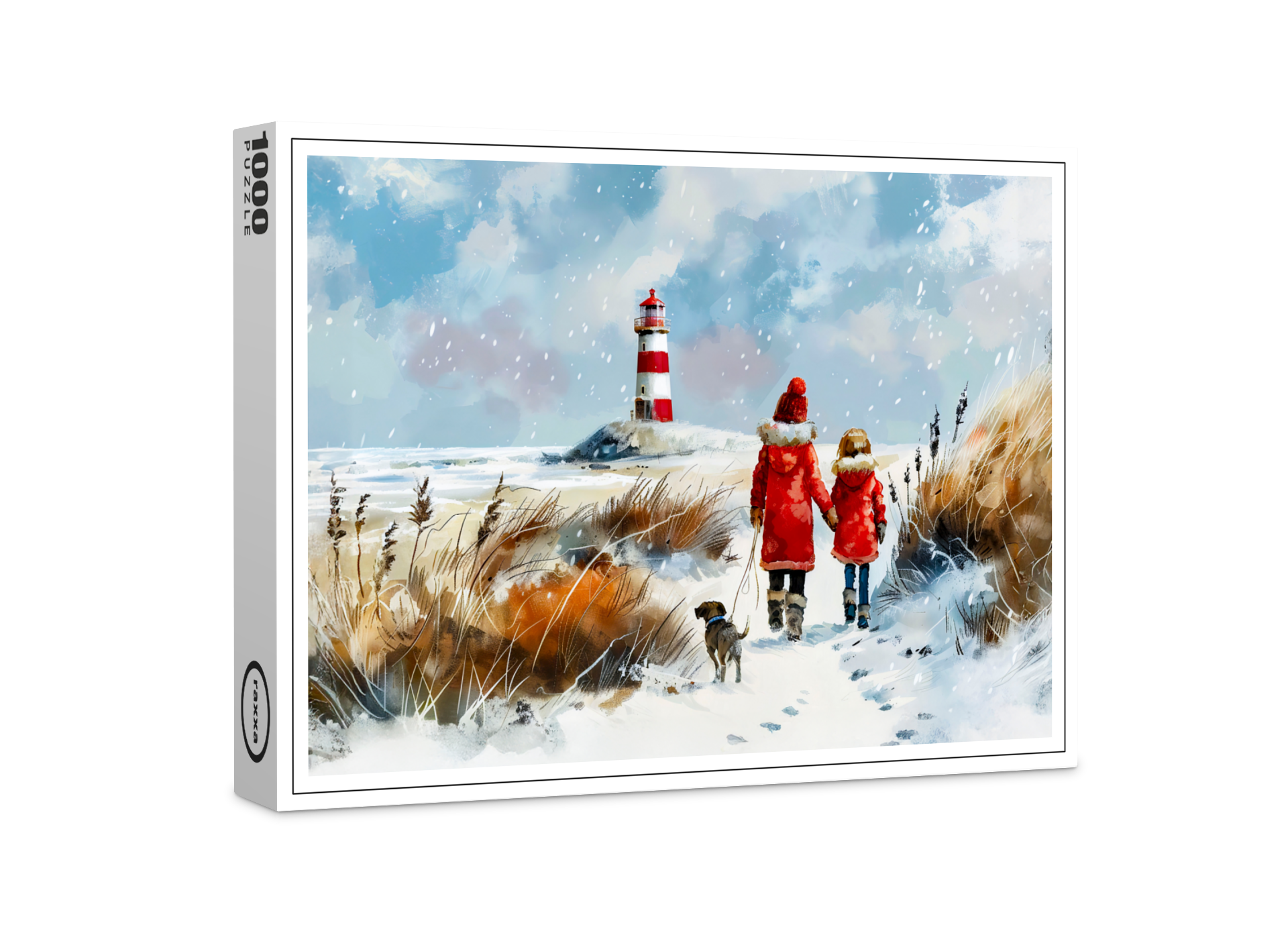 raxxa Premium-Puzzle: Winter Beach Walk with Dog to Lighthouse