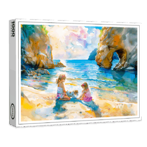 raxxa Premium-Puzzle: Girls playing by seaside rock arch watercolor