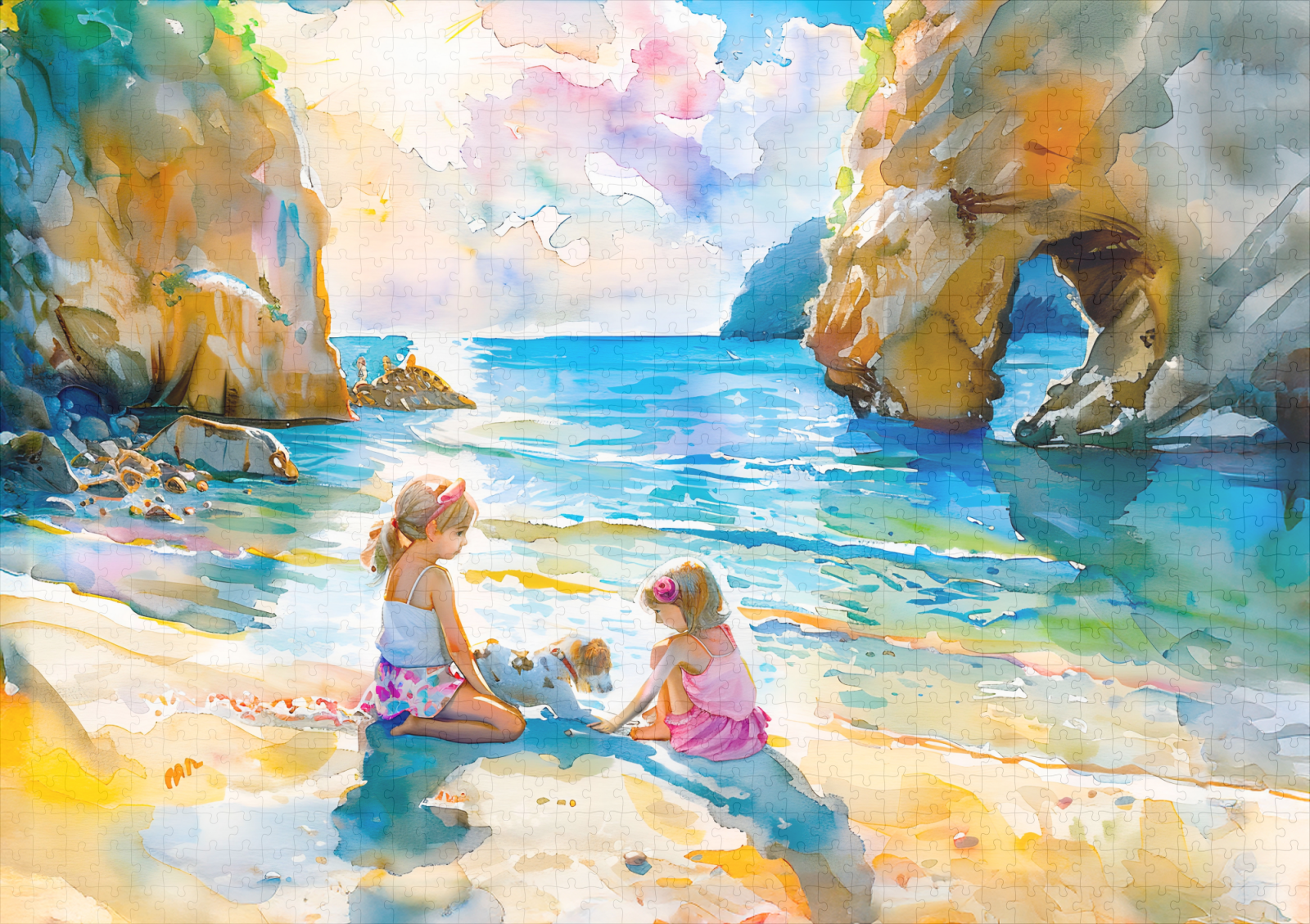 raxxa Premium-Puzzle: Girls playing by seaside rock arch watercolor - Imagen 2