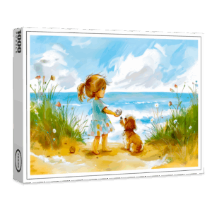 raxxa Premium-Puzzle: Girl with dog playing at beach watercolor