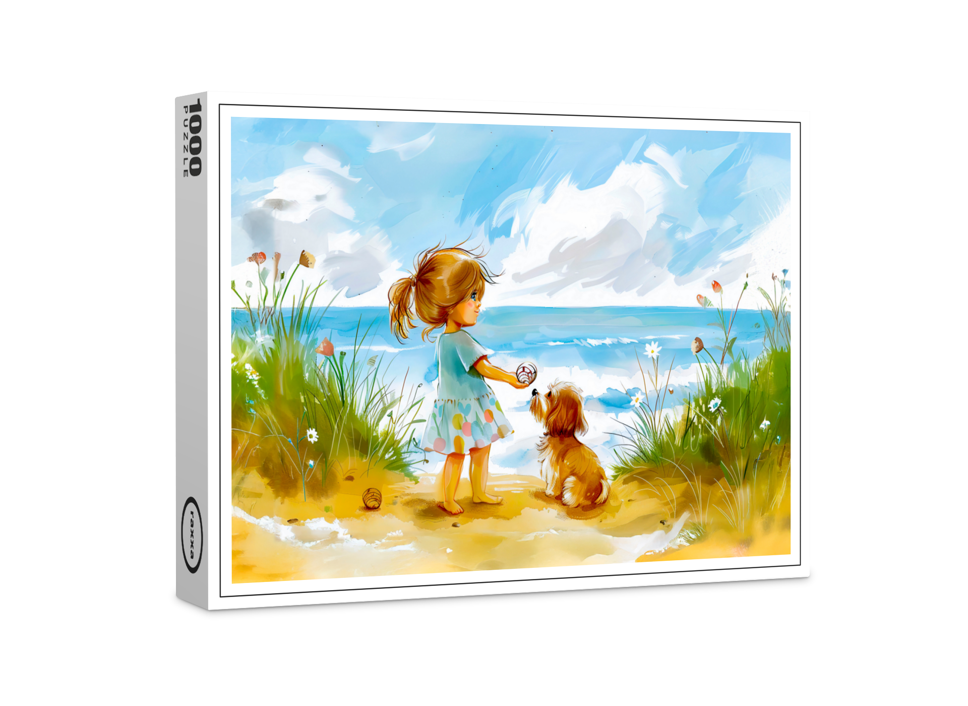 raxxa Premium-Puzzle: Girl with dog playing at beach watercolor