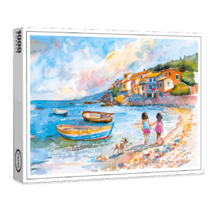 raxxa Premium-Puzzle: Children with dog at Mediterranean beach watercolor