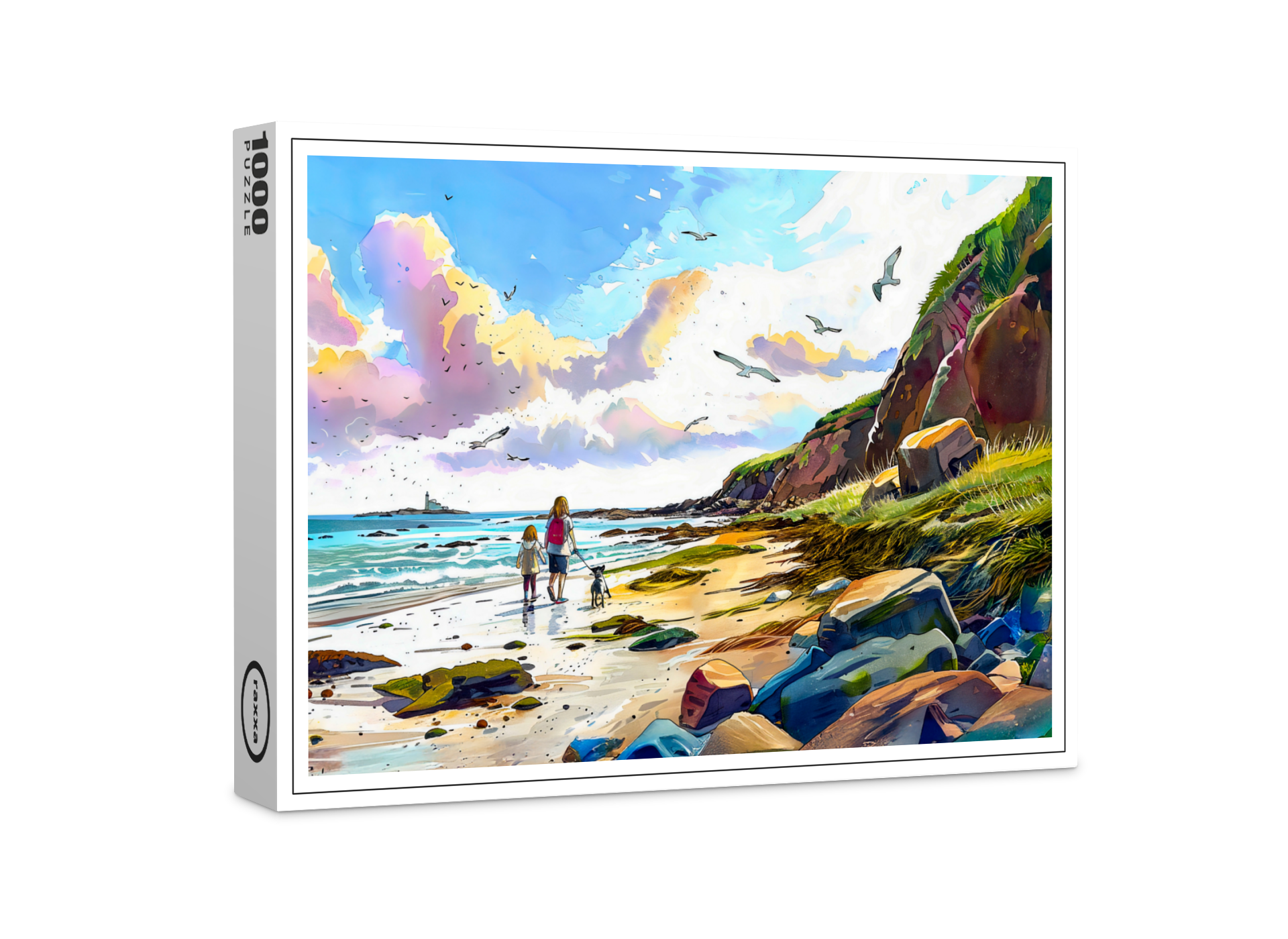 raxxa Premium-Puzzle: Mother and child walking dog on beach watercolor