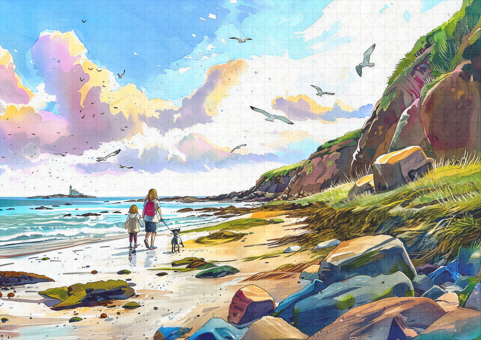 raxxa Premium-Puzzle: Mother and child walking dog on beach watercolor - immagine 2