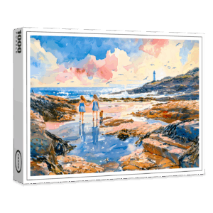 raxxa Premium-Puzzle: Girls and Dog by Lighthouse Shore watercolor painting