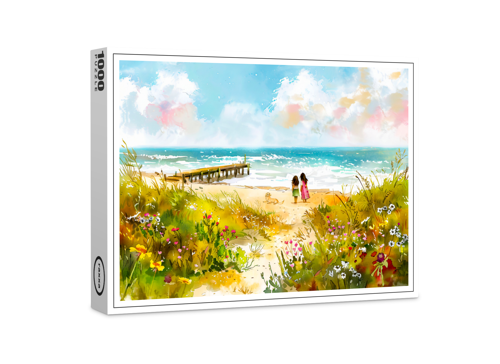 raxxa Premium-Puzzle: Wildflower meadow near beach with children watercolor
