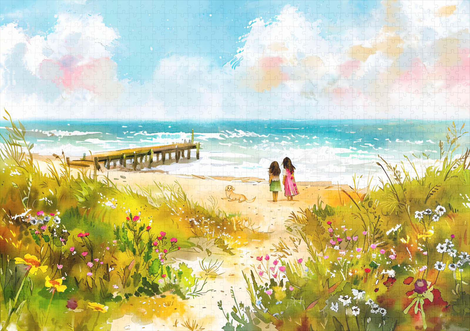 raxxa Premium-Puzzle: Wildflower meadow near beach with children watercolor - immagine 2